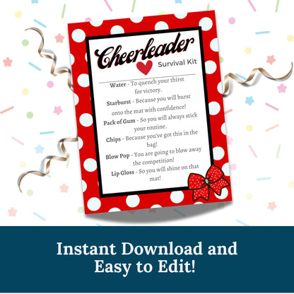 Cheer Printables | Cheer Survival Kit | | Editable Template| Cheer Team Gift Idea