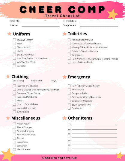 Cheer Competition Checklist, Cheer Comp Packing List, What to bring to a cheer comp, Travel List for Cheerleaders, Cheer Team Gift