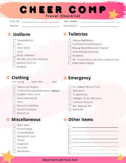 Cheer Competition Checklist, Cheer Comp Packing List, What to bring to a cheer comp, Travel List for Cheerleaders, Cheer Team Gift