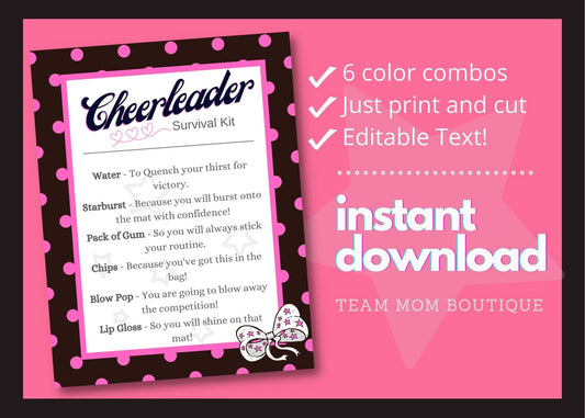 Cheer Printables | Cheer Survival Kit | | Editable Template| Cheer Team Gift Idea