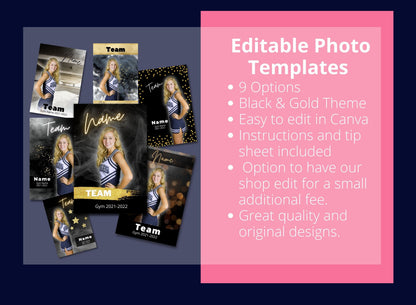 Cheer Photo Template | Cheer Trading Card | Canva Template| Editable Photo Template | Black and Gold Cheer Photo