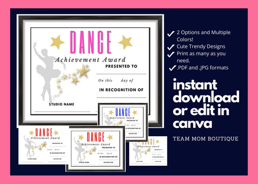 Dance Award Certificate | End of Year Dance Award | Dance Recognition | Editable Dance Award