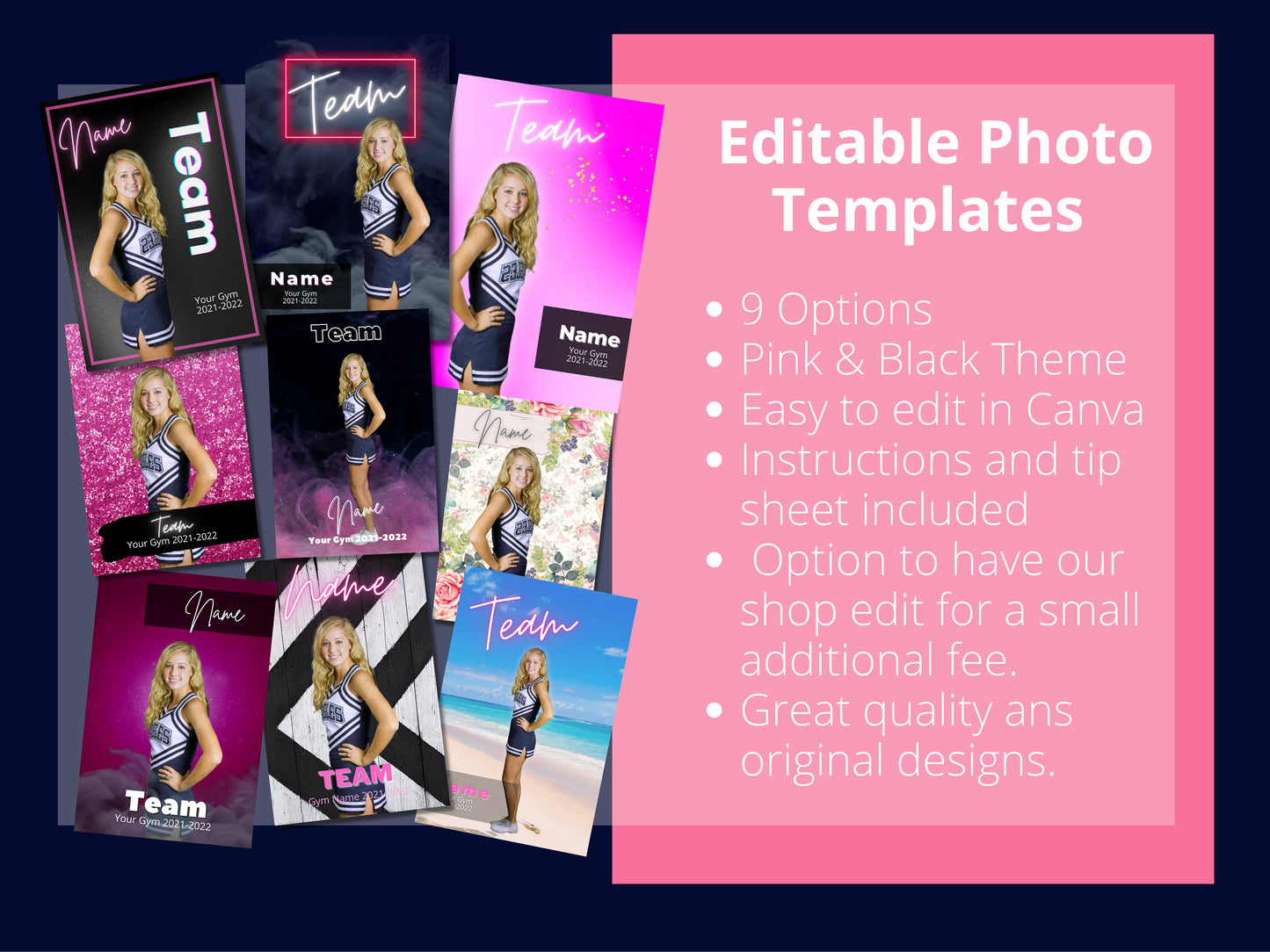 Cheer Photo Template | Cheer Trading Card | Pink and Black Photo Template| Editable Photo Template