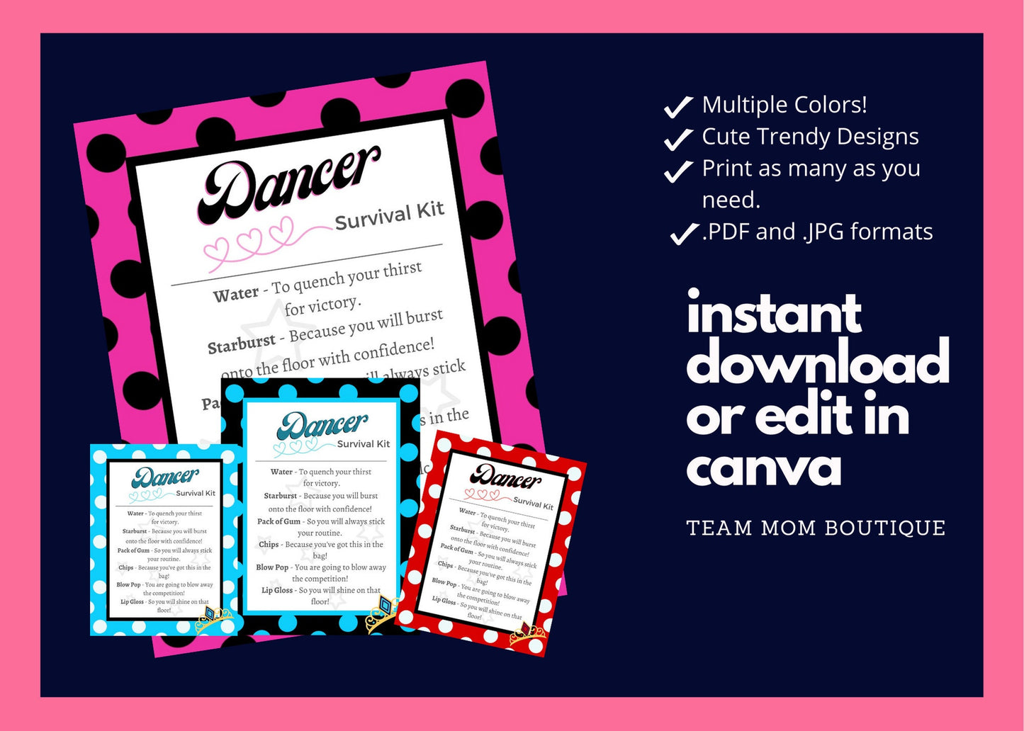 Dance Printables |Dance Survival Kit | | Editable Template| Dance Team Gift Idea