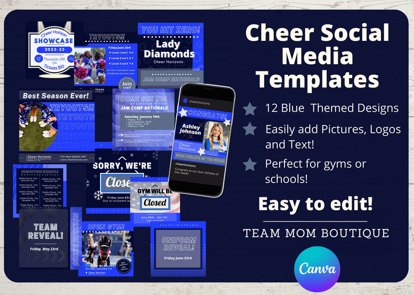 Cheer Social Media Templates | Instagram templates | Canva Template| Editable Social Media Template | Blue Cheer Gym Template