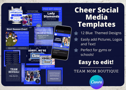 Cheer Social Media Templates | Instagram templates | Canva Template| Editable Social Media Template | Blue Cheer Gym Template