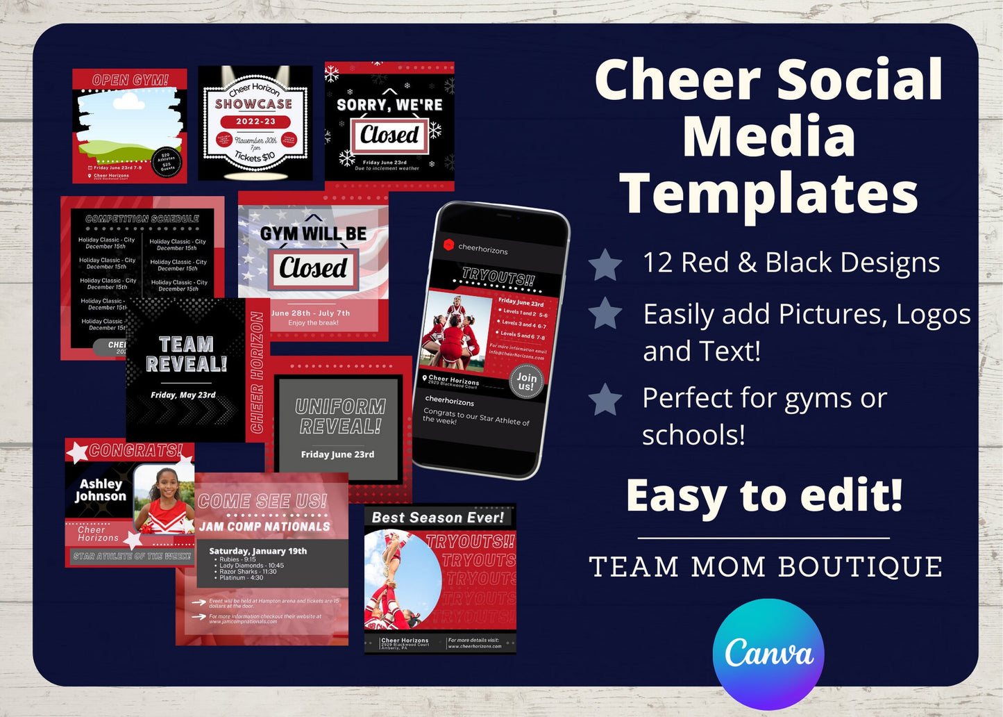 Cheer Social Media Templates | Instagram templates | Canva Template| Editable Social Media Template | Red Cheer Gym Template