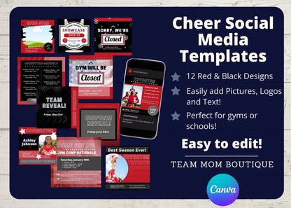 Cheer Social Media Templates | Instagram templates | Canva Template| Editable Social Media Template | Red Cheer Gym Template