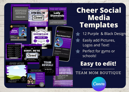 Cheer Social Media Templates | Instagram templates | Canva Template| Editable Social Media Template | Purple Cheer Gym Template