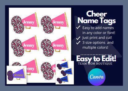 Cheerleading Name Tags | Cheerleading Printables | Cheer Team Ideas | Editable Cheerleading Tags