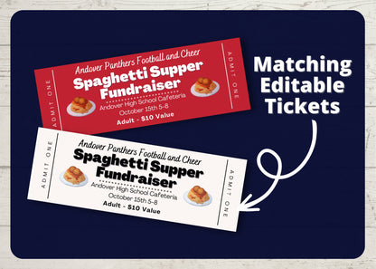 Spaghetti Supper Flyer and Ticket Template | Editable Fundraiser Template | Sports Fundraiser | Editable Fundraiser Ticket