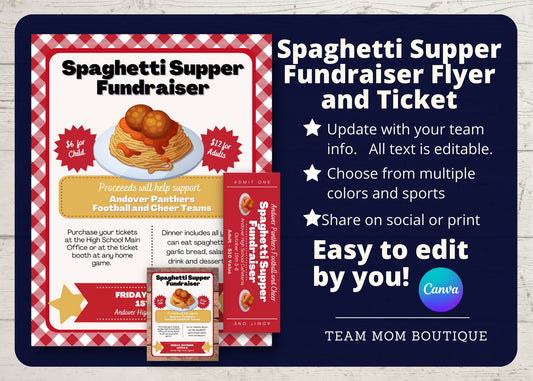 Spaghetti Supper Flyer and Ticket Template | Editable Fundraiser Template | Sports Fundraiser | Editable Fundraiser Ticket