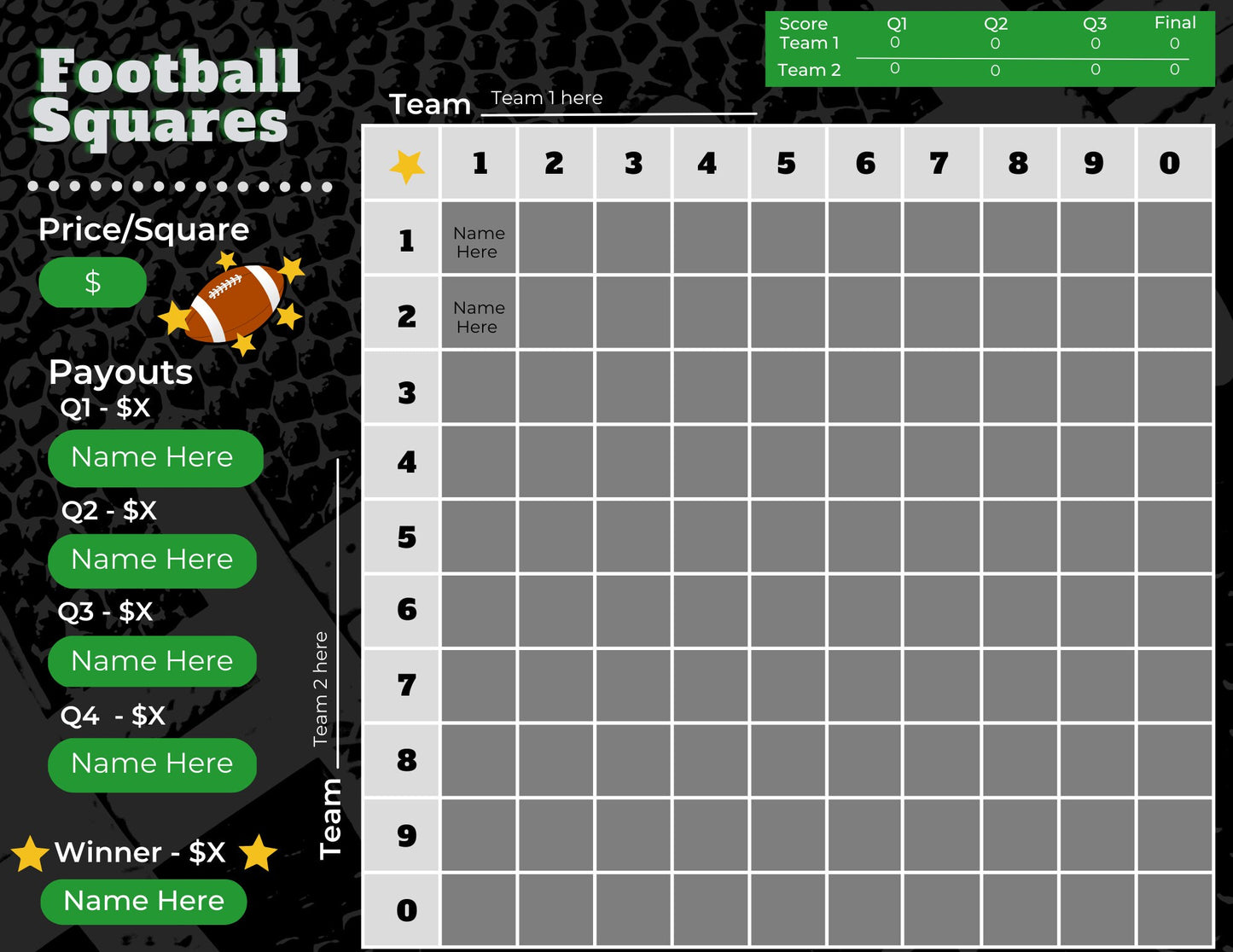 Football Squares Printable||Football Fundraiser | Super Bowl Squares