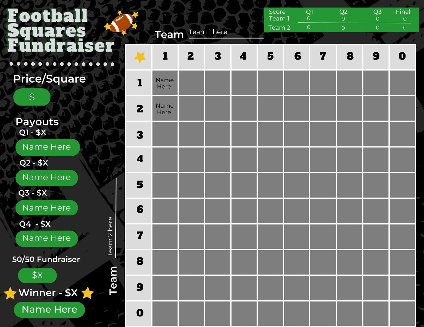 Football Squares Printable||Football Fundraiser | Super Bowl Squares