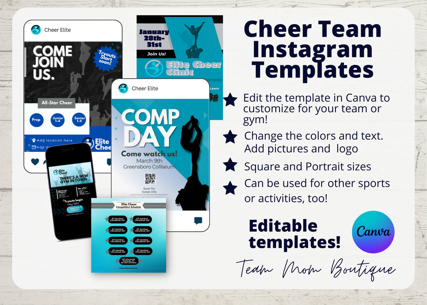 Cheer Team Instagram Templates| Editable Cheer Social  Media Template | Canva Template| Cheer Comp Day Template