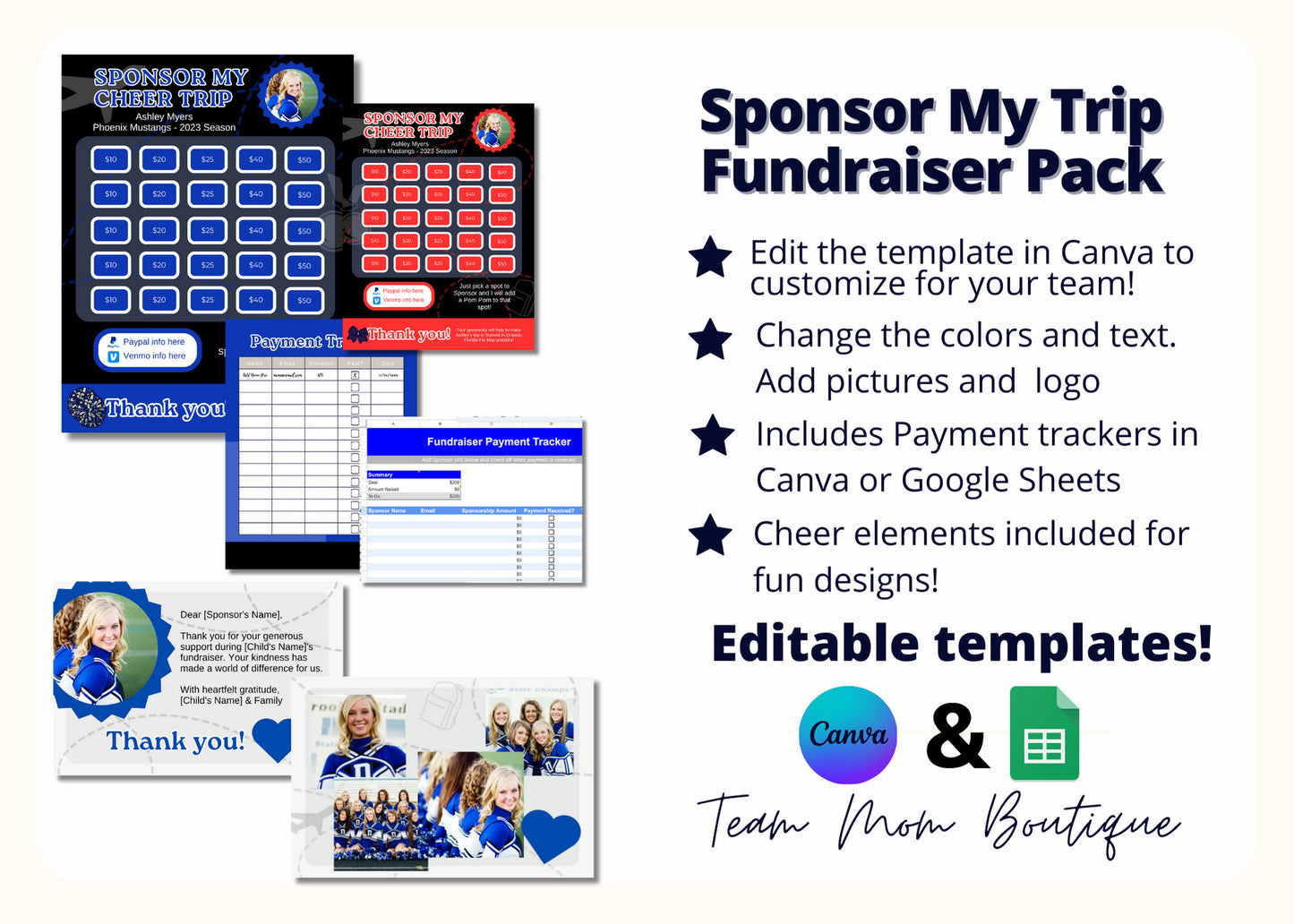 Sponsor My Trip: Cheerleader Fundraising Pack - Editable Canva Templates & Google Sheets Tracker for Competition Trips