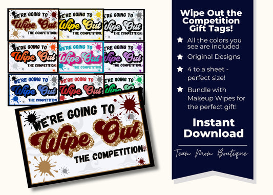 Wipe Out Competition Gift Tag - Printable Cheerleader/Sports Tag - 10 Colors, Pack of 4