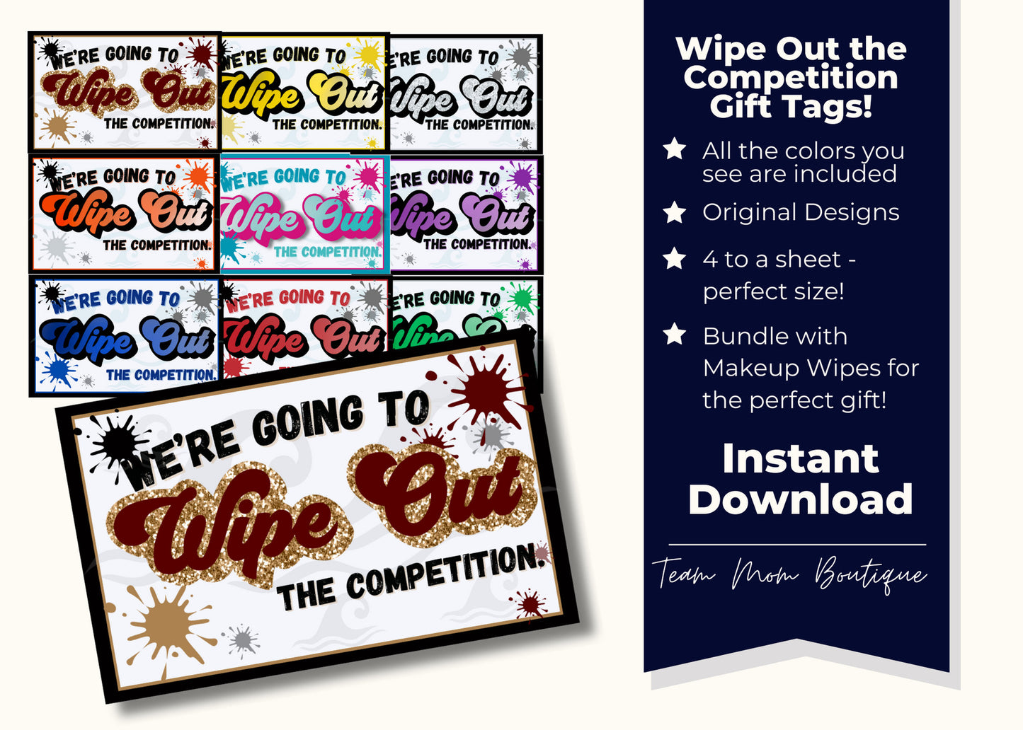 Wipe Out Competition Gift Tag - Printable Cheerleader/Sports Tag - 10 Colors - Makeup Wipe Gift Tag