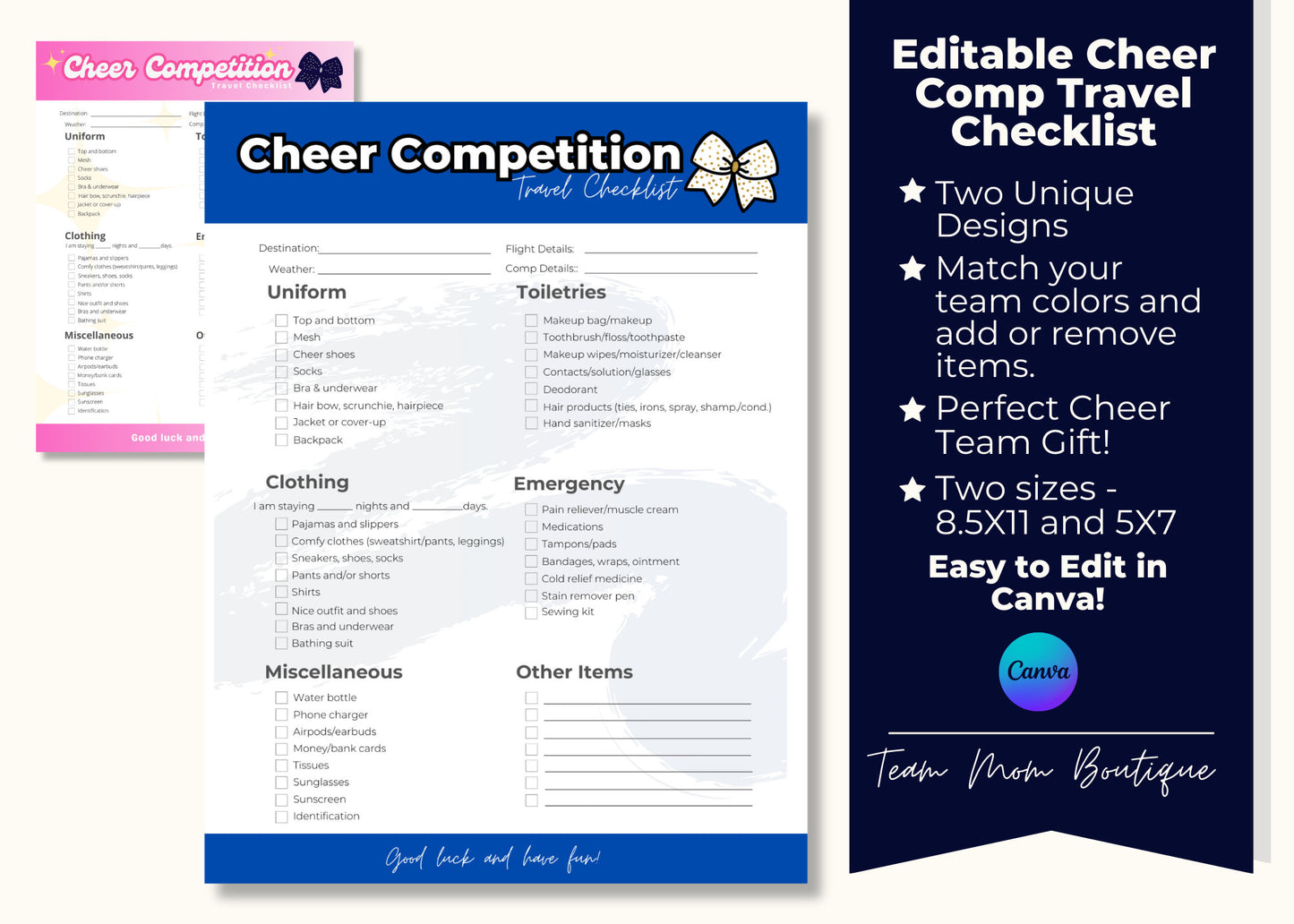 Editable Cheer Competition Checklist, Cheer Comp Packing List, Travel Checklist for Cheer