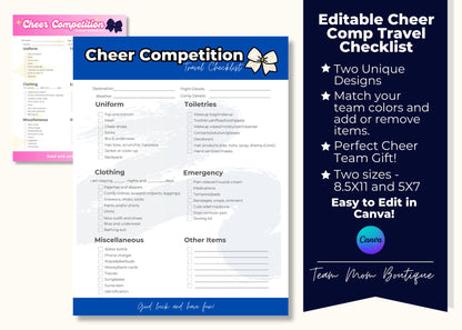 Editable Cheer Competition Checklist, Cheer Comp Packing List, Travel Checklist for Cheer